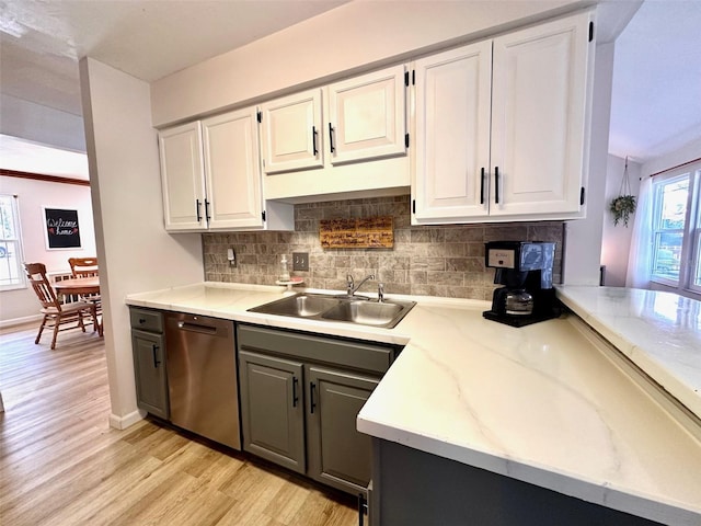 kitchen with light wood-style flooring, decorative backsplash, stainless steel dishwasher, white cabinets, and a sink