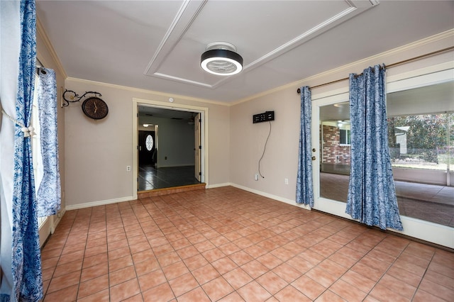 unfurnished room with baseboards, light tile patterned flooring, and crown molding