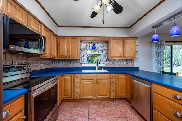 kitchen featuring a wealth of natural light, ornamental molding, stainless steel appliances, and a sink