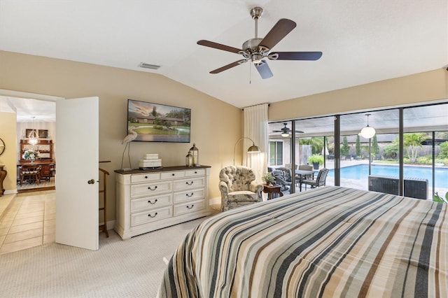 bedroom featuring lofted ceiling, light colored carpet, a ceiling fan, visible vents, and access to exterior