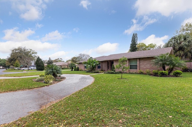 ranch-style home featuring a front yard, brick siding, and curved driveway