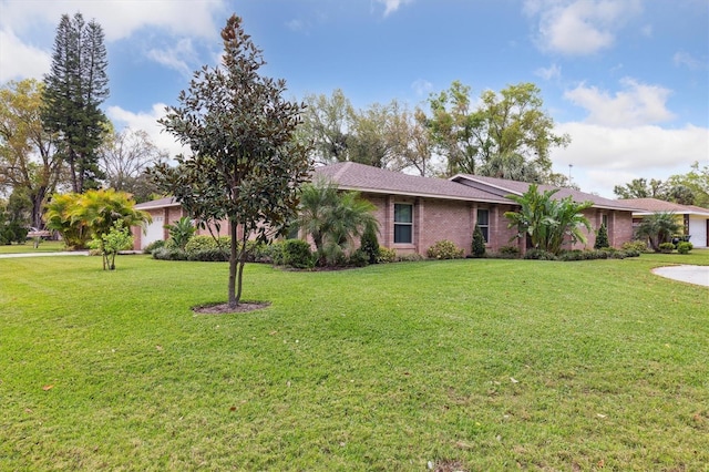 ranch-style house featuring brick siding and a front yard