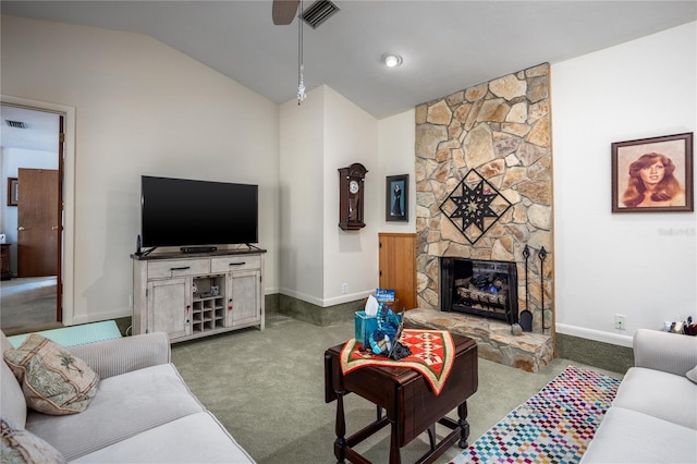 carpeted living area with vaulted ceiling, a fireplace, visible vents, and baseboards