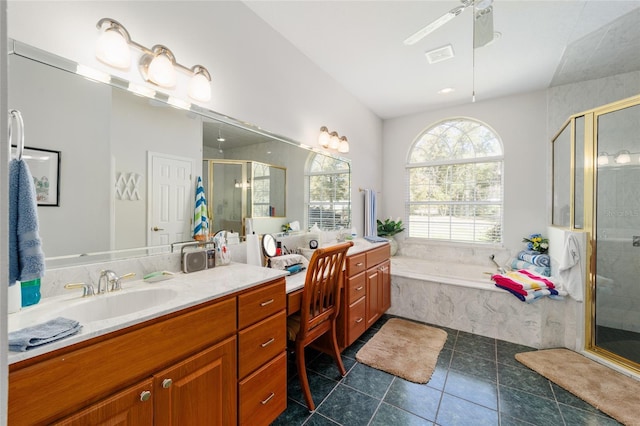 full bath with a ceiling fan, tile patterned floors, vanity, a shower stall, and a bath