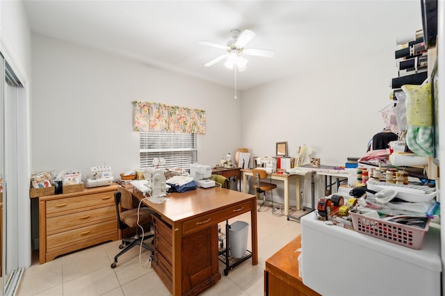 office area featuring a ceiling fan and light tile patterned flooring