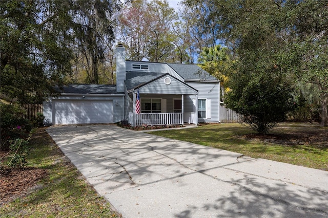 view of front facade featuring covered porch, concrete driveway, an attached garage, and fence