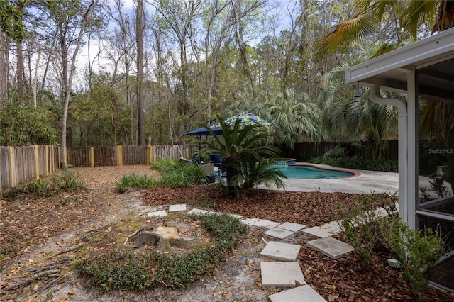 view of yard featuring a fenced in pool, a fenced backyard, and a patio