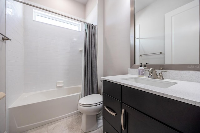 full bathroom featuring tile patterned flooring, toilet, vanity, and shower / bath combination with curtain