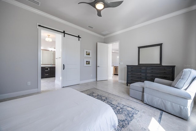 bedroom featuring visible vents, baseboards, crown molding, and a barn door