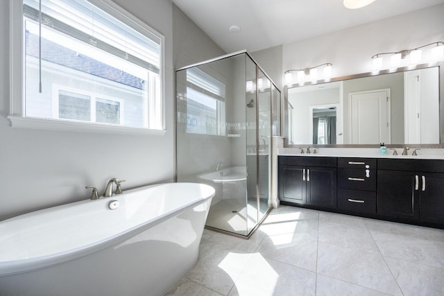 bathroom featuring a sink, a freestanding bath, a stall shower, and double vanity