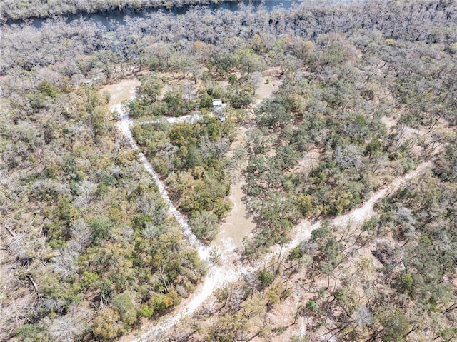 aerial view featuring a wooded view