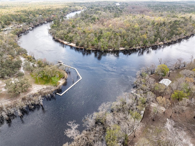 aerial view with a forest view and a water view