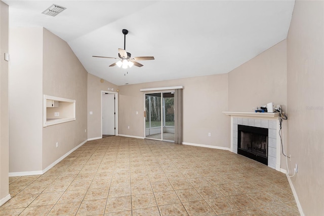 unfurnished living room featuring visible vents, baseboards, a fireplace, lofted ceiling, and ceiling fan