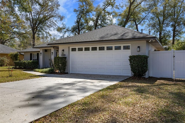 view of front of home with stucco siding, a shingled roof, concrete driveway, fence, and a garage