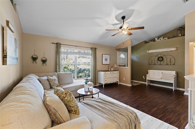 1762 NE 39th St, Ocala, FL 34479 - living room with lofted ceiling, ceiling fan, wood finished floors, visible vents, and baseboards