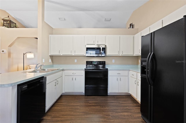 1762 NE 39th St, Ocala, FL 34479 - kitchen featuring lofted ceiling, dark wood-style floors, light countertops, black appliances, and a sink