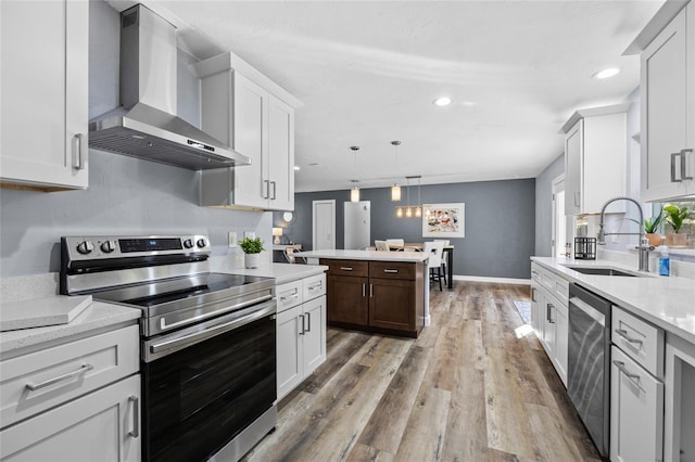 kitchen with light wood finished floors, stainless steel appliances, light countertops, a sink, and wall chimney exhaust hood