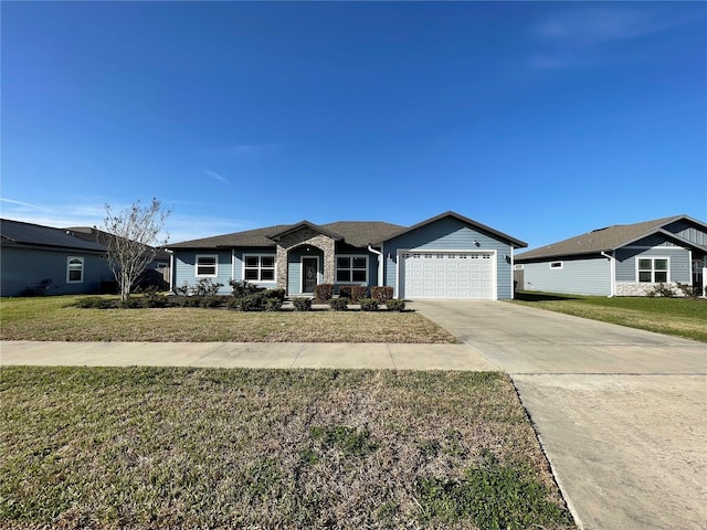 ranch-style house with a garage, stone siding, a front lawn, and concrete driveway