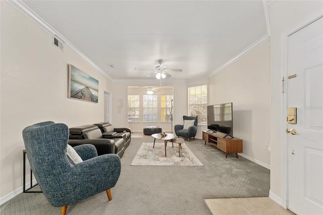 living room featuring visible vents, carpet floors, and ornamental molding