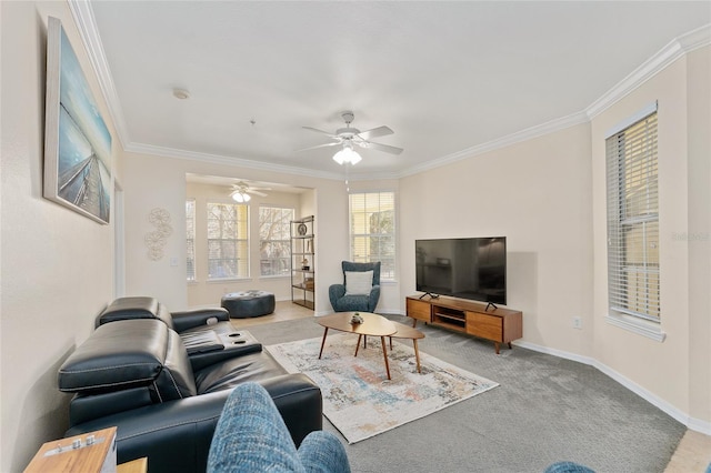 carpeted living area featuring a ceiling fan, crown molding, and baseboards