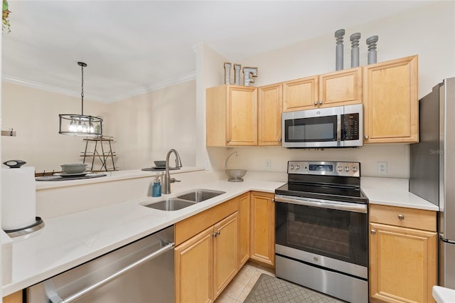 kitchen with light brown cabinets, light tile patterned flooring, a sink, ornamental molding, and stainless steel appliances