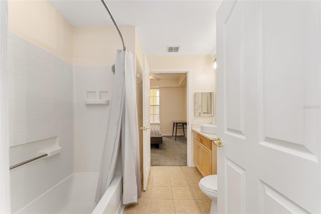 full bathroom with visible vents, toilet, tile patterned floors, vanity, and shower / bathtub combination with curtain