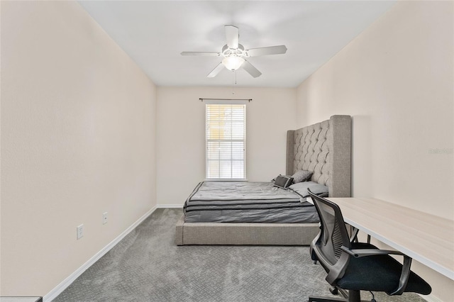 bedroom with baseboards, carpet, and ceiling fan