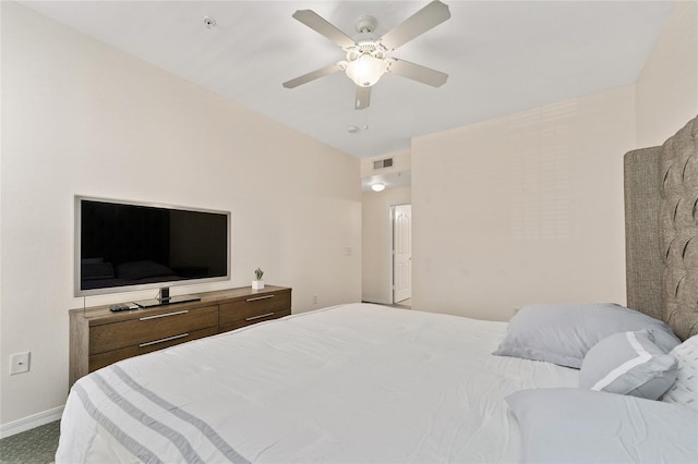 bedroom featuring a ceiling fan, baseboards, visible vents, and carpet floors