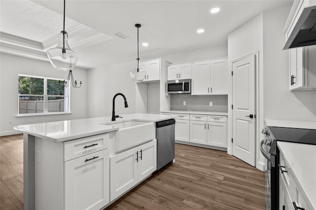 kitchen featuring visible vents, appliances with stainless steel finishes, a sink, ventilation hood, and wood finished floors