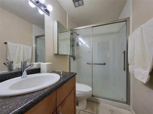 bathroom with tile patterned flooring, toilet, vanity, visible vents, and a shower stall