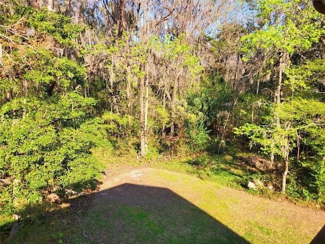 view of yard featuring a forest view