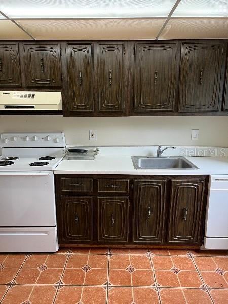 kitchen with white appliances, a sink, light countertops, dark brown cabinetry, and exhaust hood