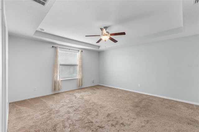 unfurnished room featuring a textured ceiling, a raised ceiling, and carpet flooring