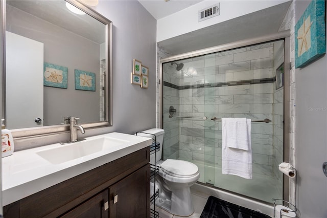 full bath with a stall shower, visible vents, toilet, and vanity