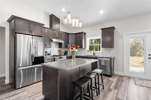 kitchen with under cabinet range hood, stainless steel appliances, decorative backsplash, dark brown cabinets, and vaulted ceiling