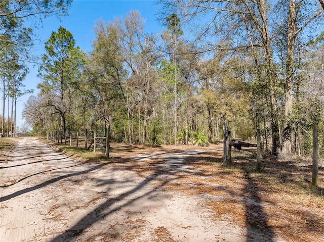 view of street with a forest view