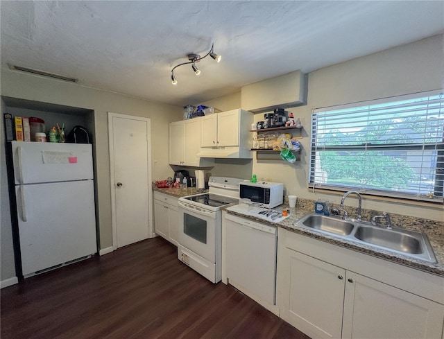 kitchen featuring a sink, dark wood-type flooring, white cabinets, white appliances, and open shelves