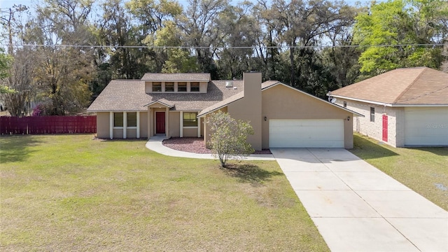 mid-century inspired home featuring concrete driveway, stucco siding, an attached garage, fence, and a front yard