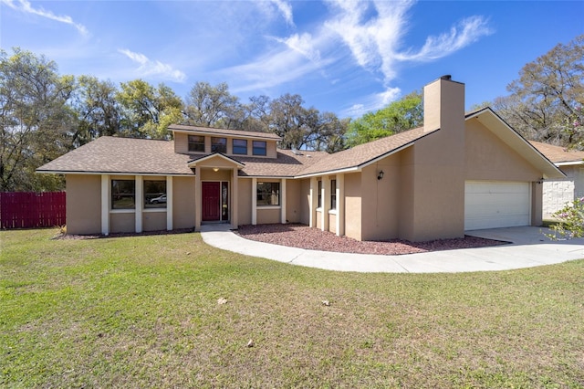 view of front of home with an attached garage, fence, a front lawn, and stucco siding