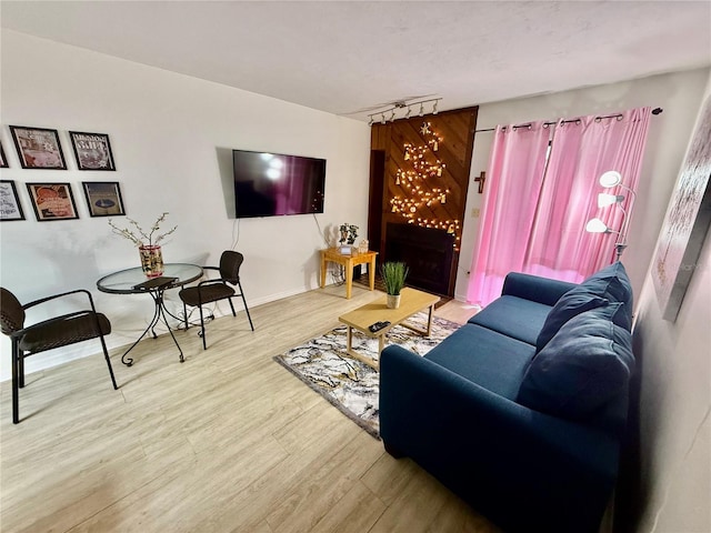 living room with rail lighting, a fireplace, and wood finished floors