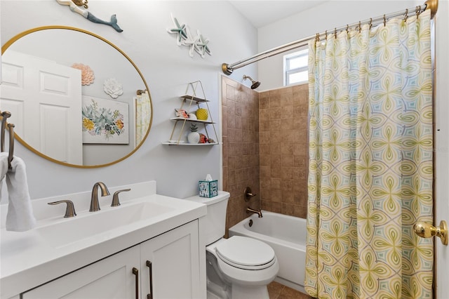 bathroom with shower / bath combination with curtain, tile patterned flooring, vanity, and toilet