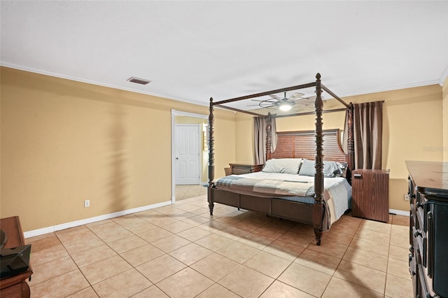 bedroom featuring light tile patterned floors, ceiling fan, visible vents, baseboards, and crown molding