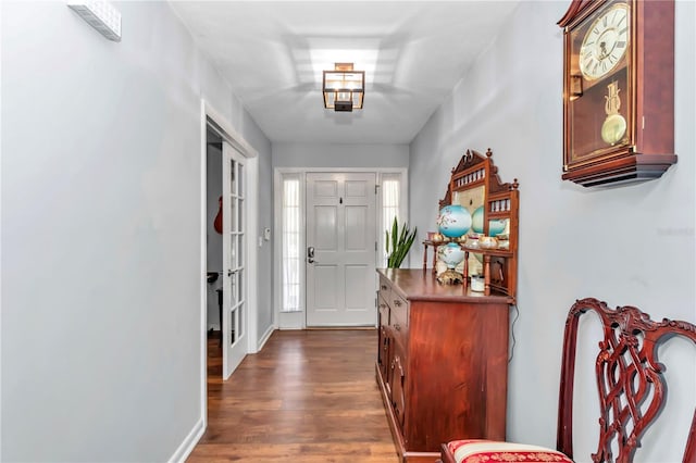 foyer with baseboards and dark wood-type flooring