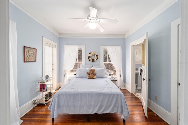 bedroom featuring baseboards, dark wood-type flooring, ceiling fan, and crown molding