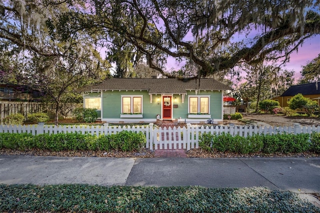 view of front of home featuring a fenced front yard and roof with shingles