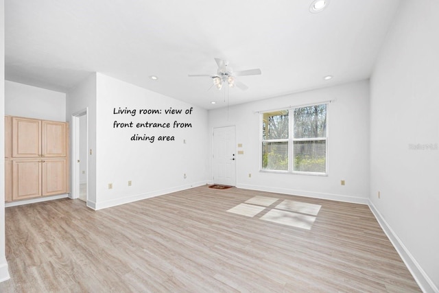 empty room featuring recessed lighting, light wood-style flooring, baseboards, and ceiling fan