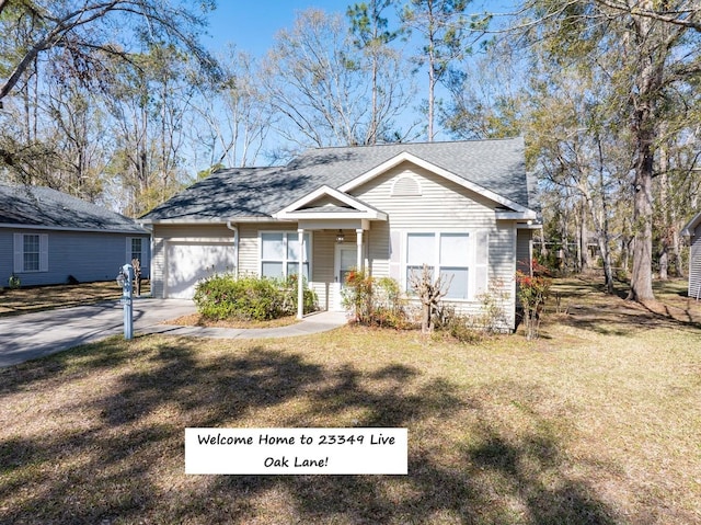 view of front of home with a shingled roof, concrete driveway, a garage, and a front lawn