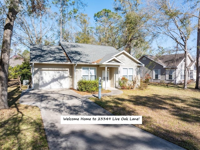 ranch-style house featuring a garage, driveway, a front lawn, and a shingled roof