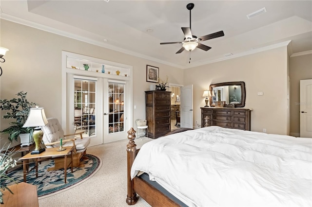 bedroom with carpet, visible vents, french doors, crown molding, and access to outside