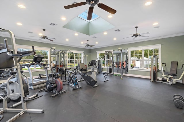 gym with crown molding, recessed lighting, baseboards, and visible vents